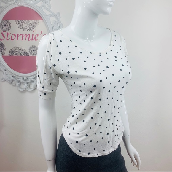 New York & Company Tops - NY&C / White Black Polkadots Cold Shoulder Blouse